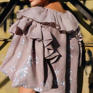 Innika Choi Taupe Linen Embroidered Floral Mini Dress Ruffle